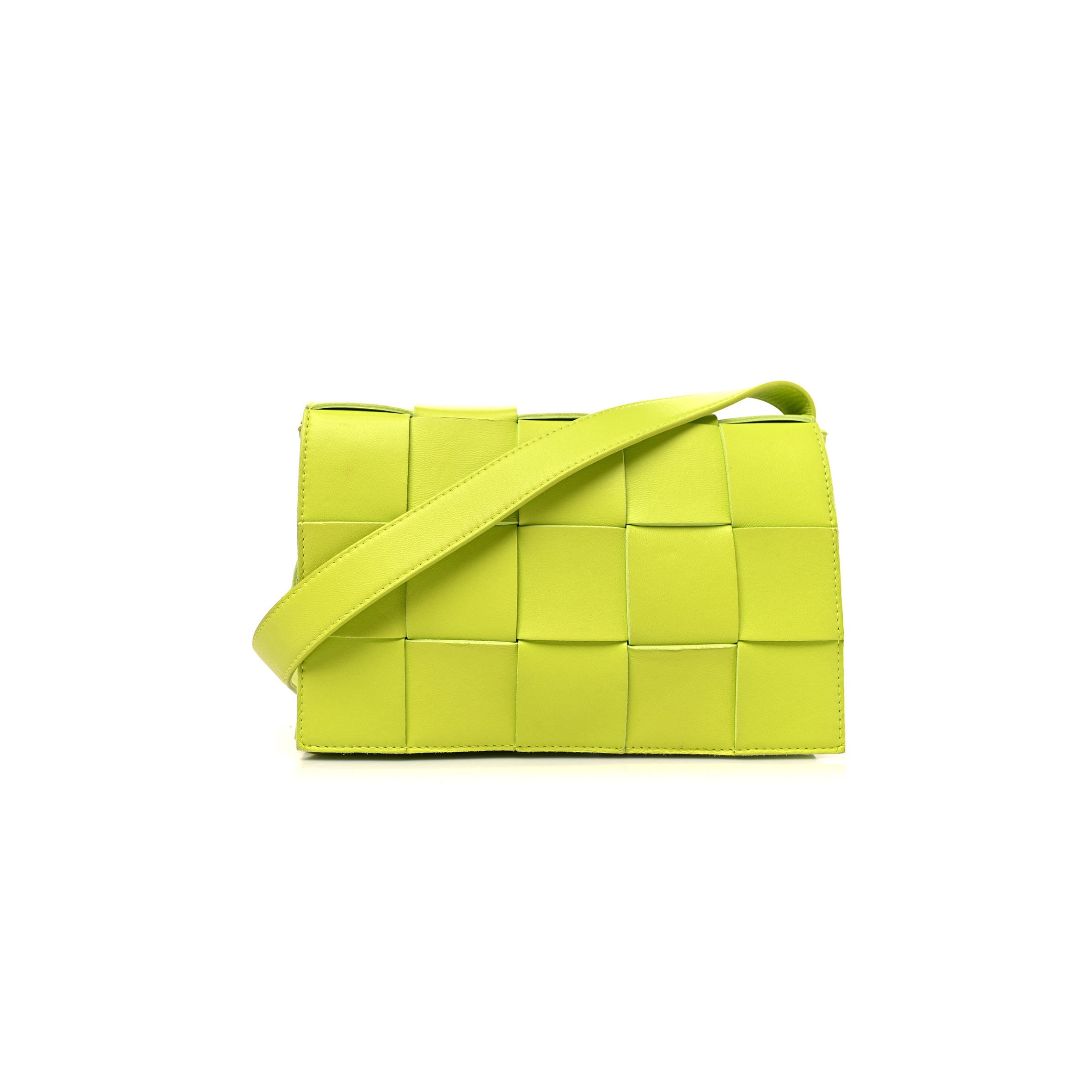 BOTTEGA VENETA LAMBSKIN MAXI INTRECCIATO CASSETTE CROSSBODY BAG ACID KIWI (23*14*5cm)