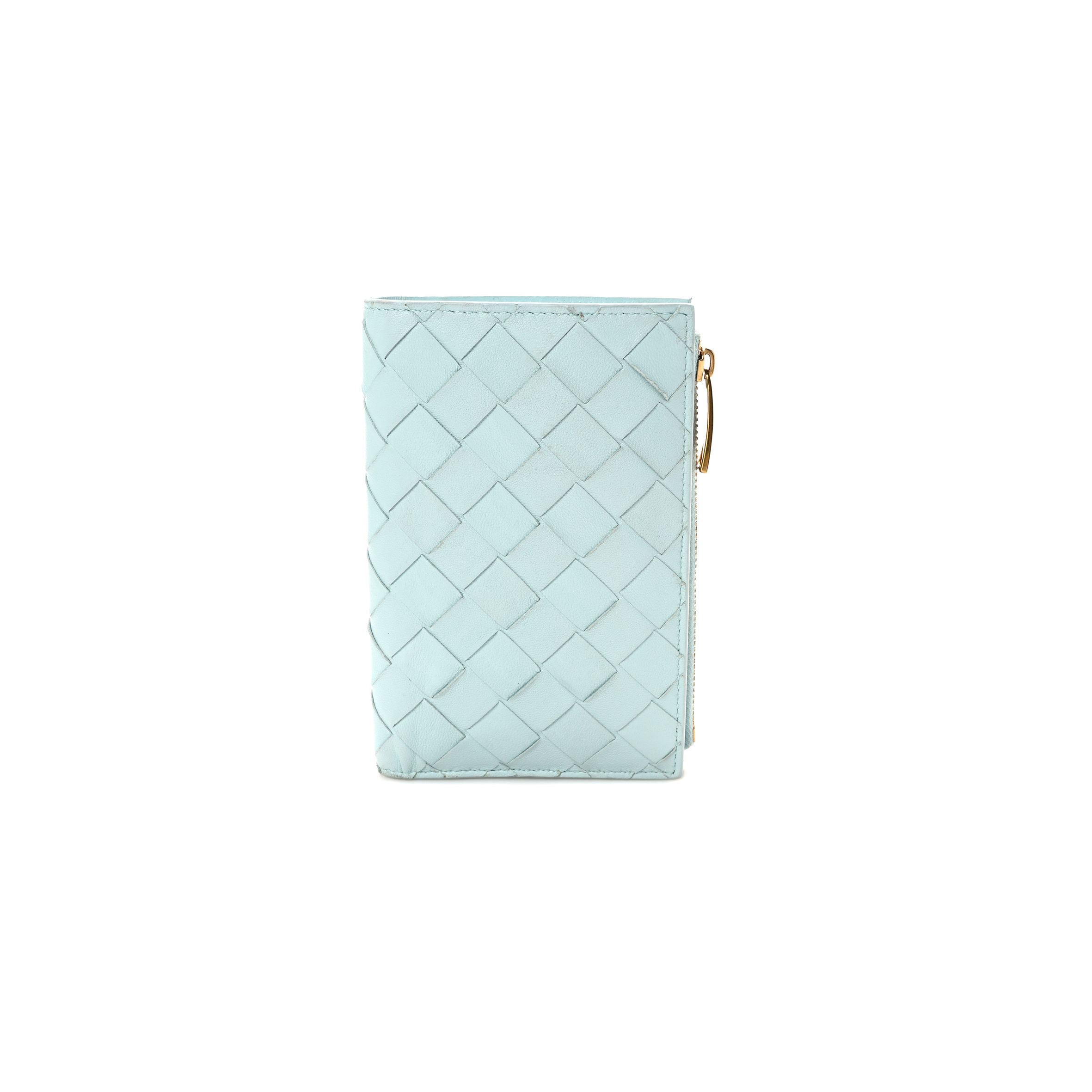 BOTTEGA VENETA NAPPA INTRECCIATO MEDIUM CASSETTE BIFOLD ZIP WALLET TEAL WASHED  (10*14*1cm)