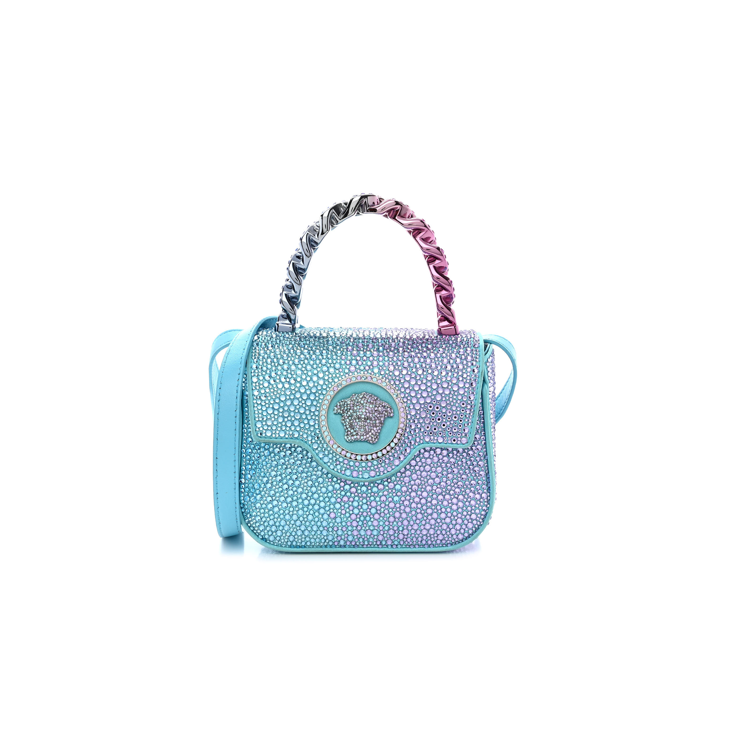 VERSACE SATIN CRYSTAL STUDDED MINI LA MEDUSA BAG BLUE 1456397 (16*13*6cm)