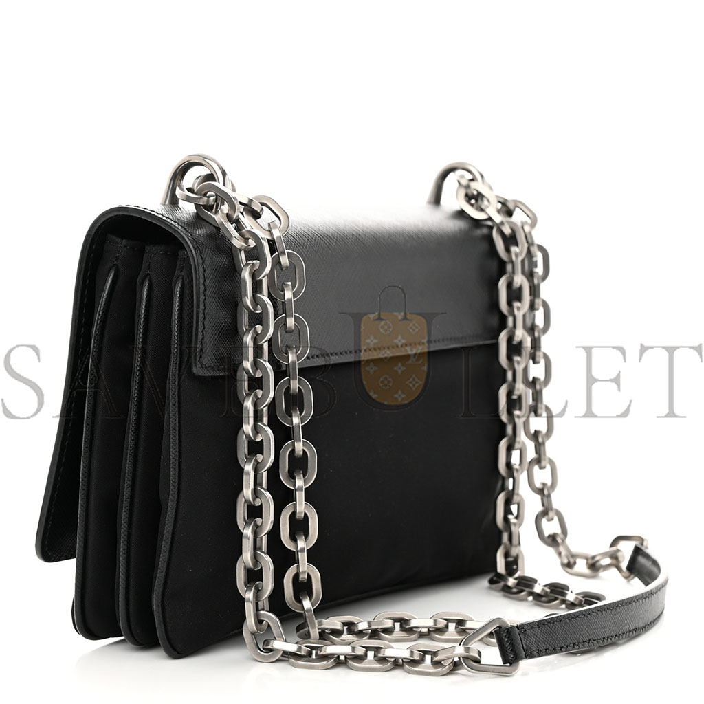 PRADA SAFFIANO TESSUTO NYLON CHAIN SHOULDER BAG BLACK (24*15*5cm)