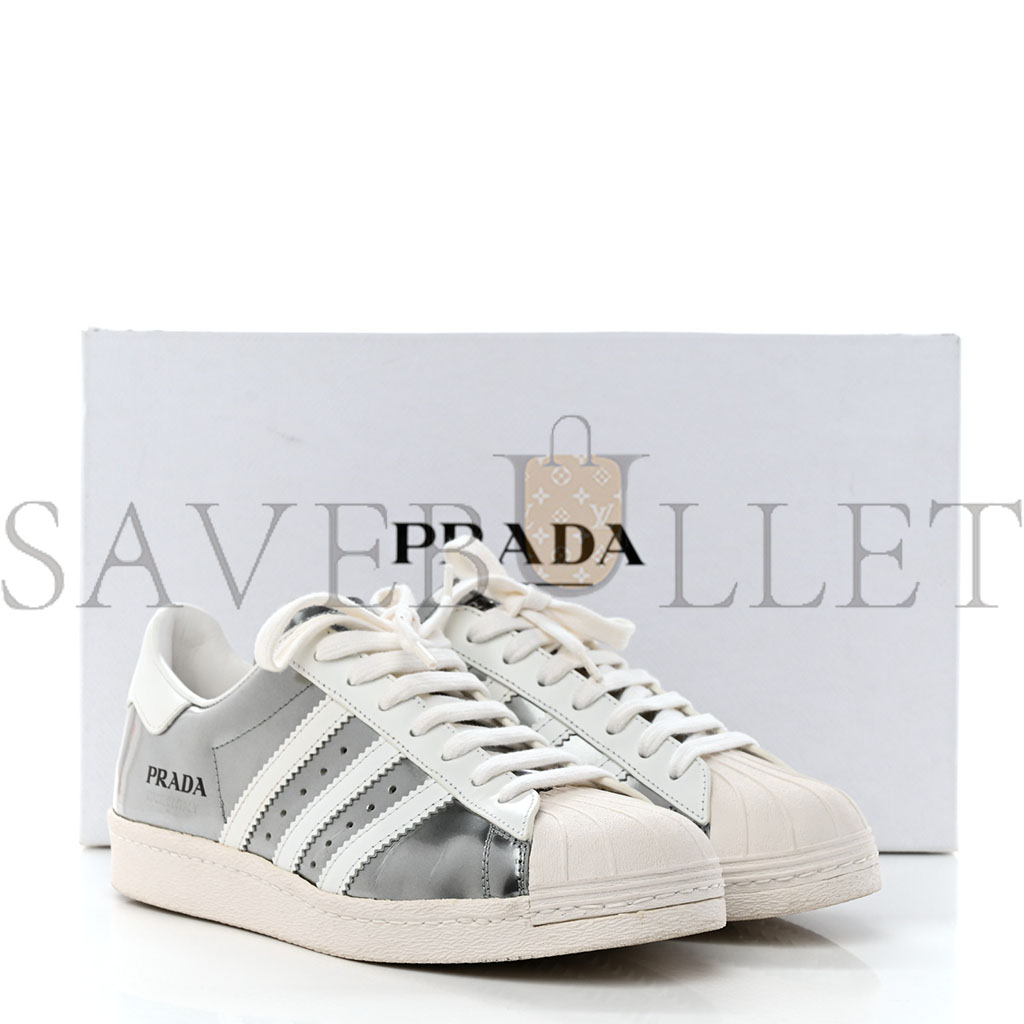 PRADA X ADIDAS BRUSHED CALFSKIN LOGO MENS SUPERSTAR SNEAKERS 6 SILVER WHITE