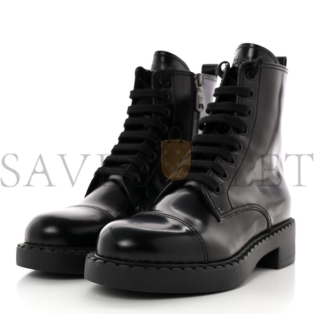 PRADA SPAZZOLATO CHOCOLATE 50MM COMBAT BOOTS 36 BLACK