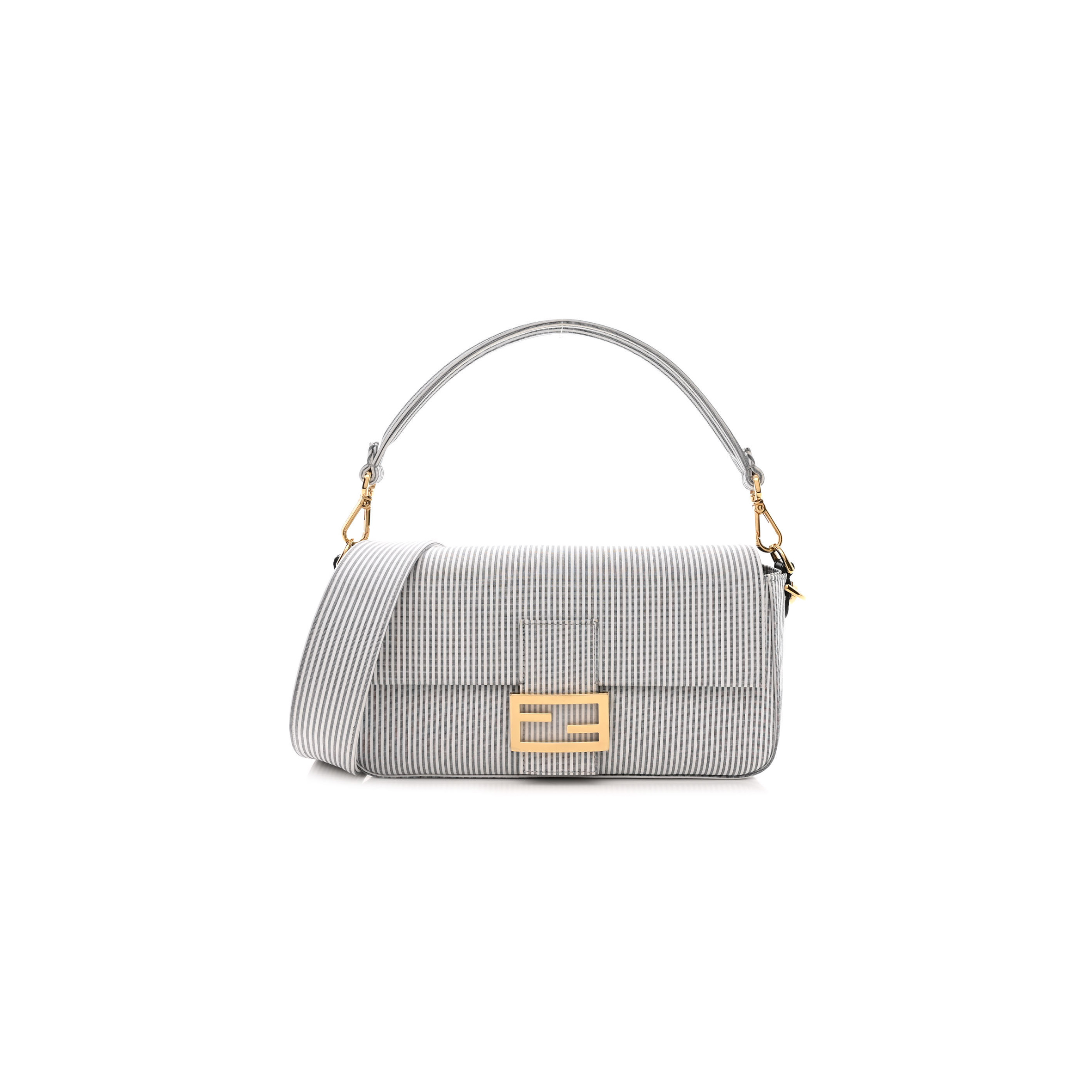 FENDI COTTON CUOIO BRETAGNA STRIPED BAGUETTE GRIGIO WHITE BLACK (27*15*6cm)