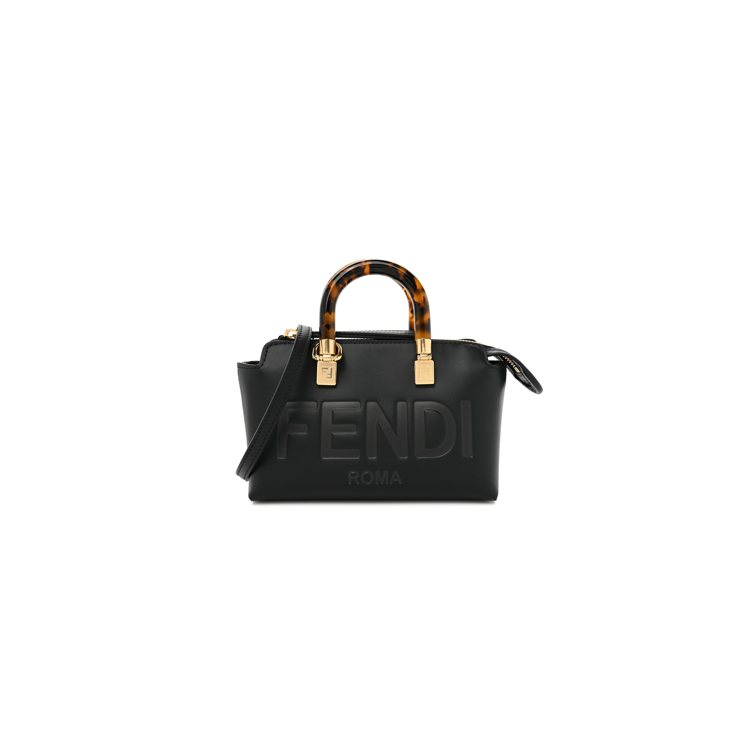 FENDI VITELLO KING PLEXIGLASS LOGO EMBOSSED MINI BY THE WAY TOP HANDLE BOSTON BAG BLACK (18*11*8cm)