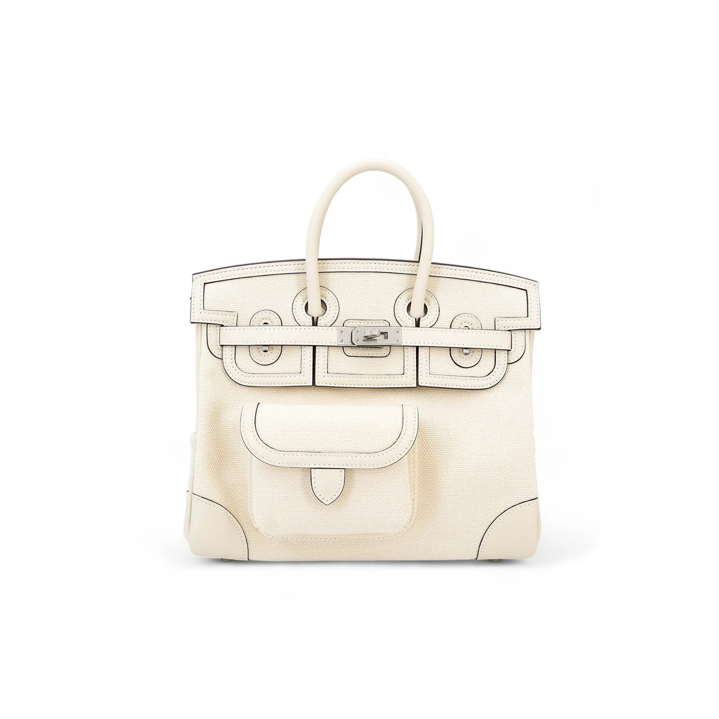 HERMES MASTER BIRKIN 25 CREAM WHITE LEATHER CANVAS SILVER BUCKLE 1305777953 (25*20*13cm)