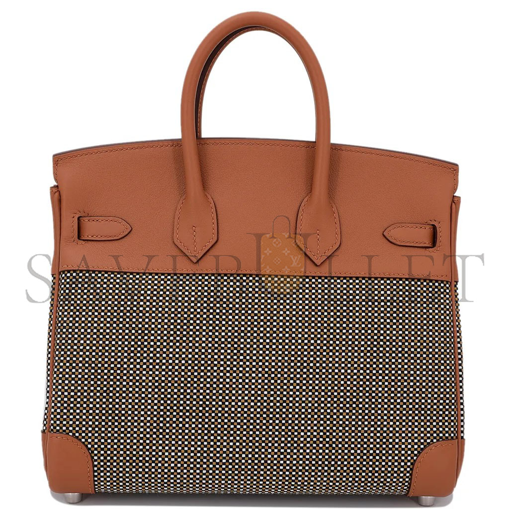 HERMES MASTER BIRKIN 25 QUADRILLE BROWN CANVAS LEATHER SILVER BUCKLE PLATINUM BAG 10093061 (25*20*13cm)