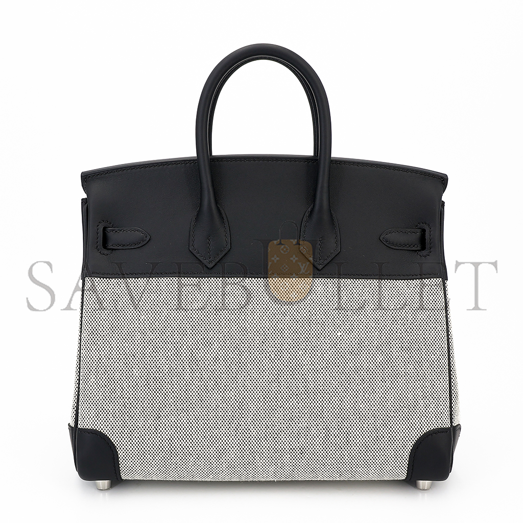 HERMES BIRKIN 25 89 BLACK NOIR CANVAS SWIFT LEATHER SILVER BUCKLE 8023220073 (25*20*13cm)