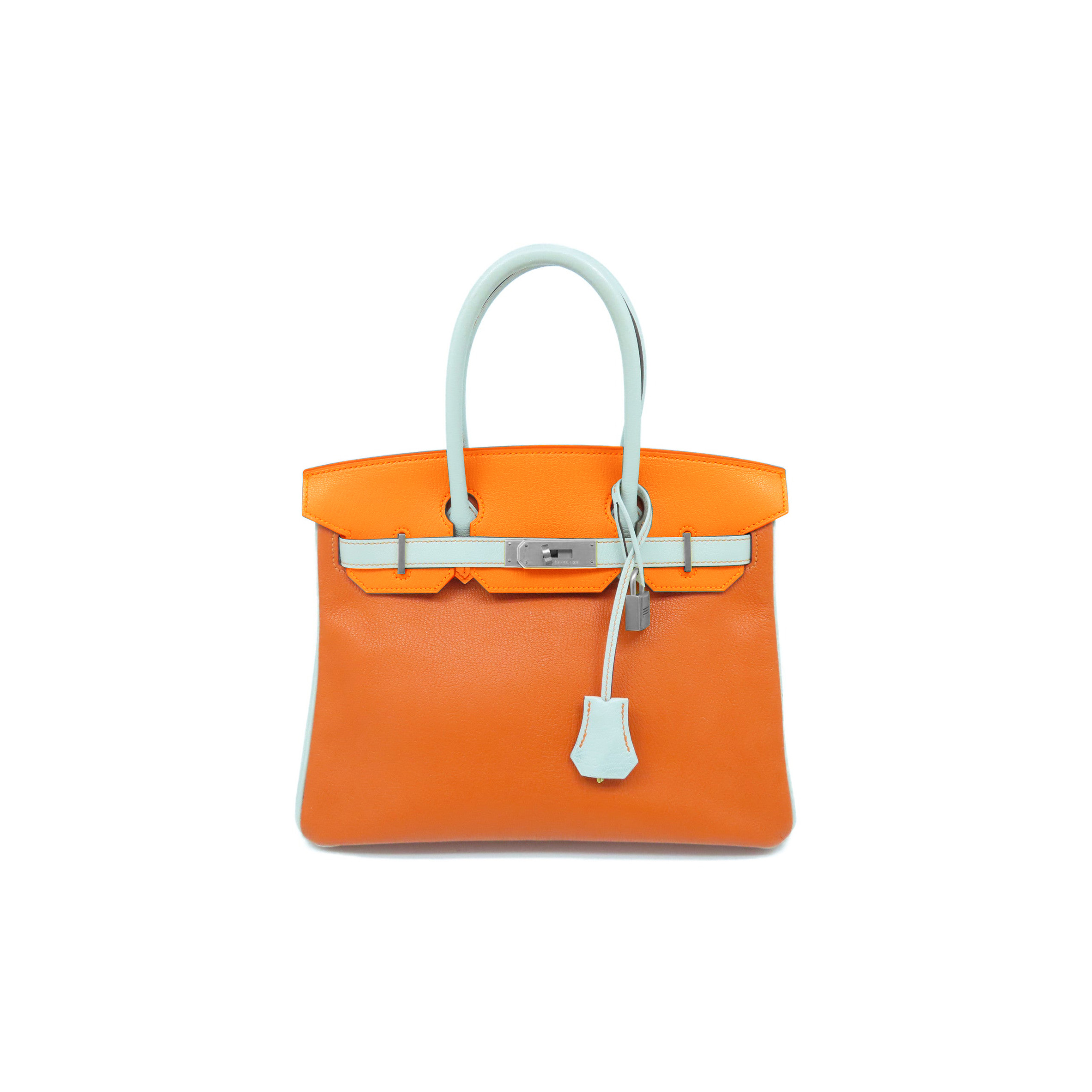 HERMES MASTER BIRKIN 30 EPSON LEATHER GOLDEN BROWN MACARON BLUE SILVER BUCKLE HANDBAG 2160500417673 (30*23*15cm)