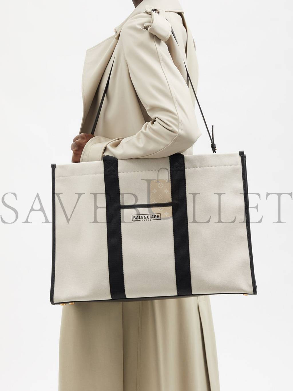 BALENCIAGA NEUTRAL NEO L LEATHER-TRIM CANVAS TOTE BAG MATCHESFASHION US (48.2*32*16cm)