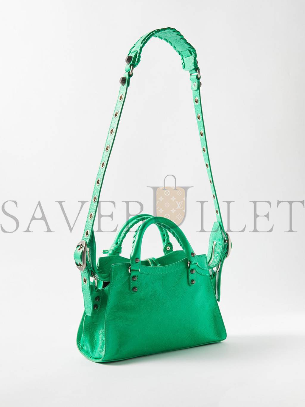 BALENCIAGA GREEN NEO CAGOLE XS STUDDED LEATHER CROSS-BODY BAG MATCHESFASHION US (25.6*17*11cm)