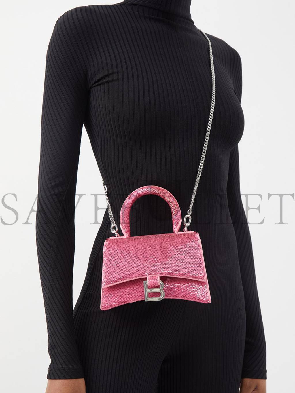 BALENCIAGA PINK HOURGLASS XS SEQUIN-LEATHER HANDBAG MATCHESFASHION US (19*12.1*7.6cm)