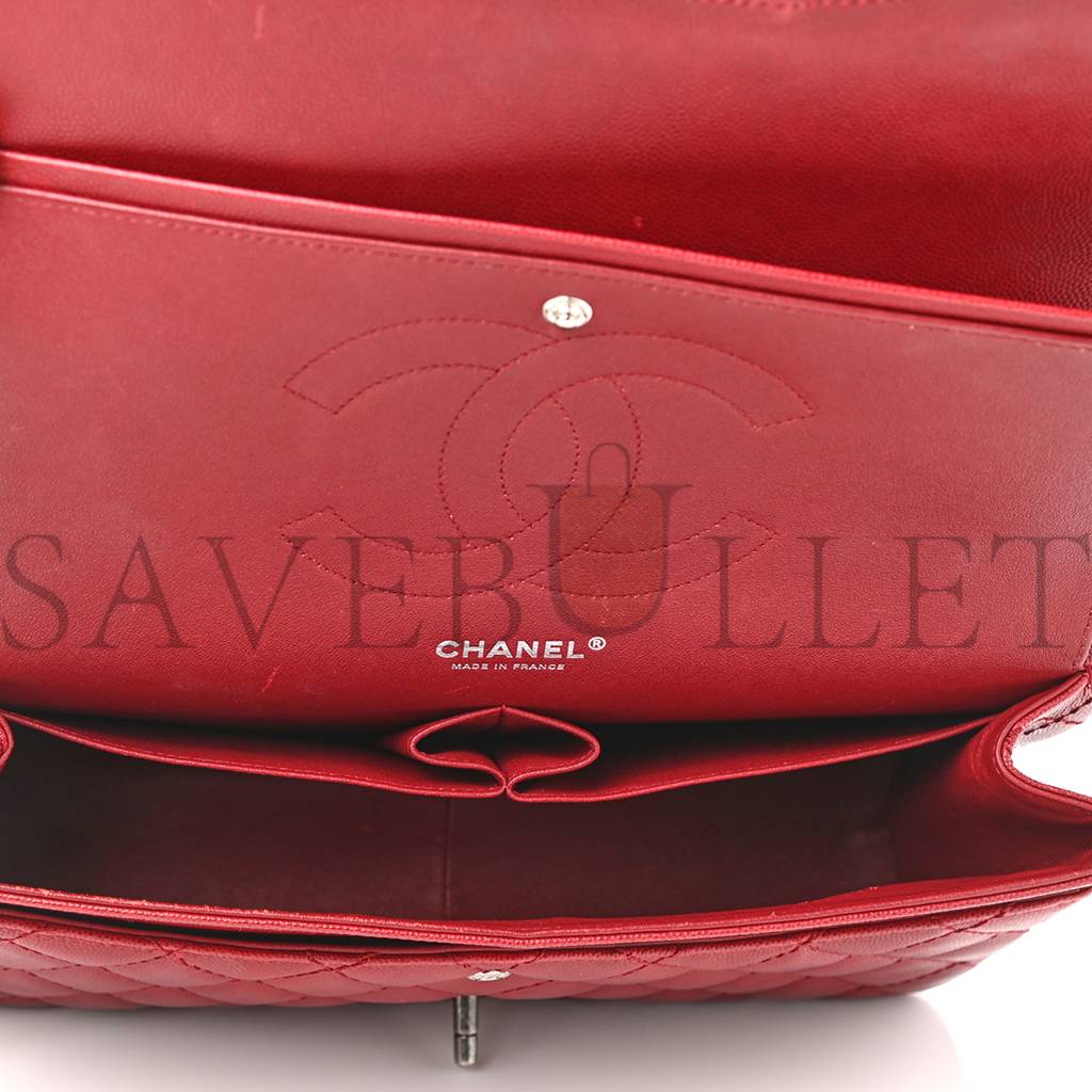 CHANEL CAVIAR QUILTED JUMBO DOUBLE FLAP DARK RED SILVER HARDWARE (30*18*10cm)