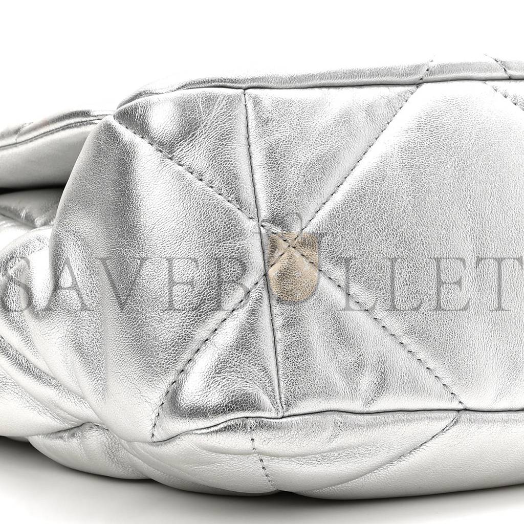 CHANEL METALLIC GOATSKIN QUILTED LARGE CHANEL 19 FLAP SILVER GOLD HARDWARE (30*21*9cm)