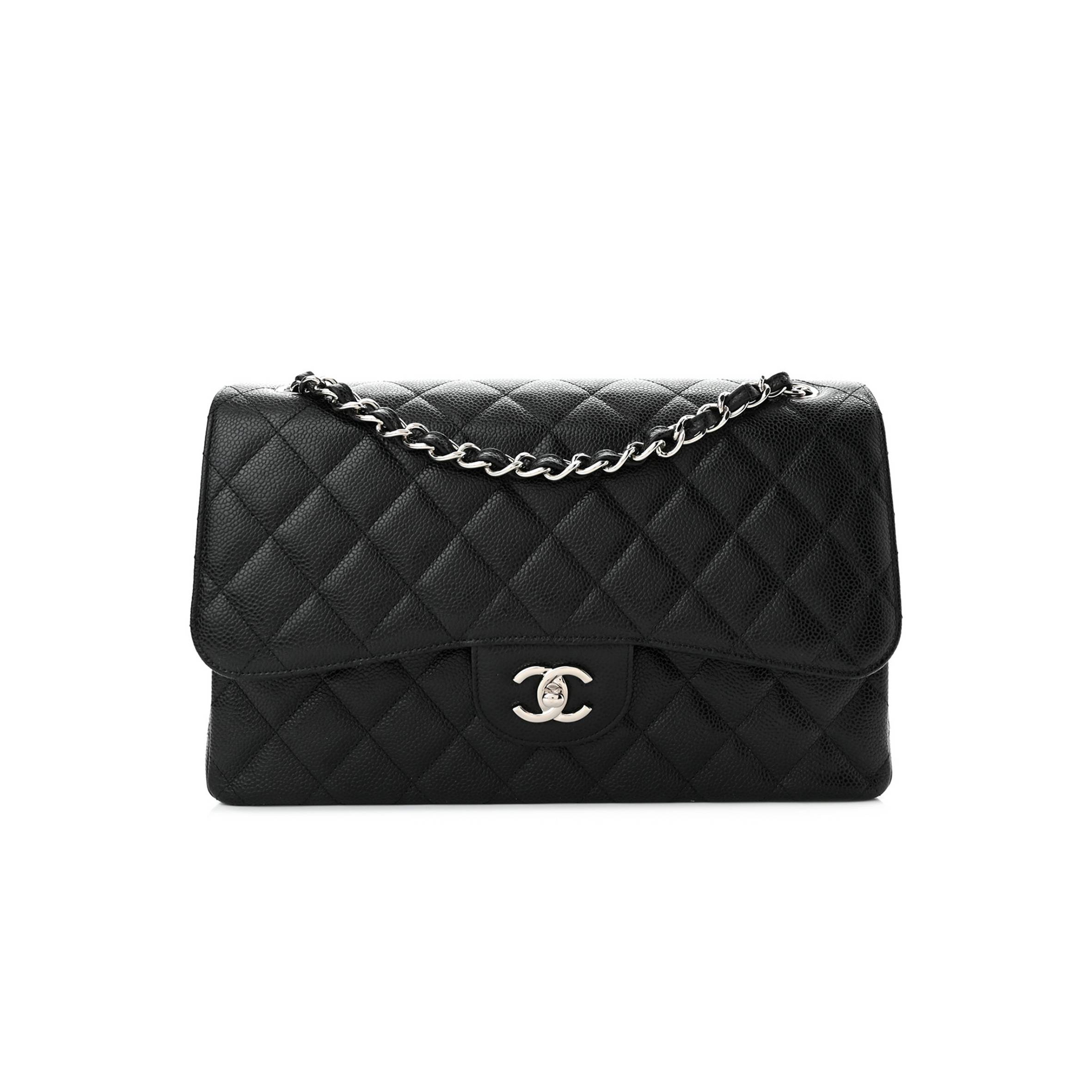 CHANEL CAVIAR QUILTED JUMBO DOUBLE FLAP BLACK SILVER HARDWARE (30*20*9cm)