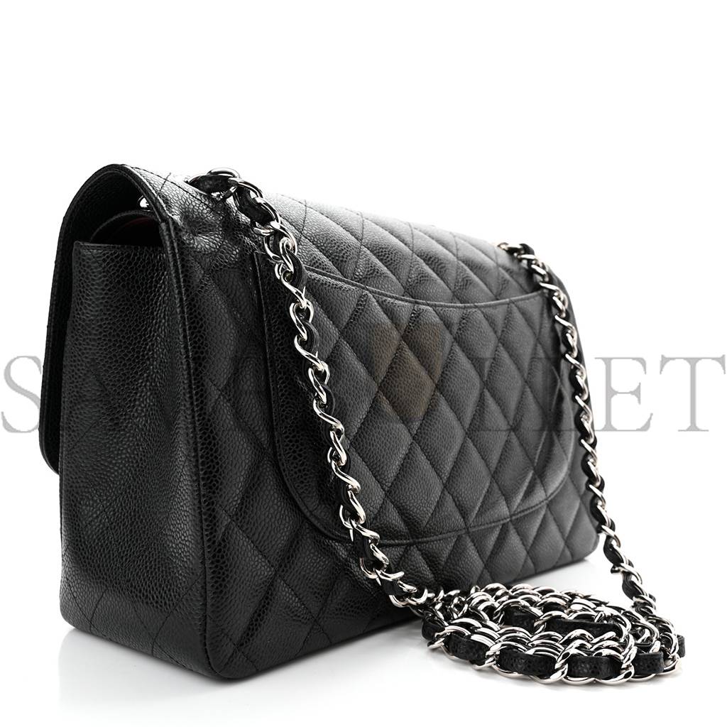 CHANEL CAVIAR QUILTED JUMBO DOUBLE FLAP BLACK SILVER HARDWARE (30*20*9cm)