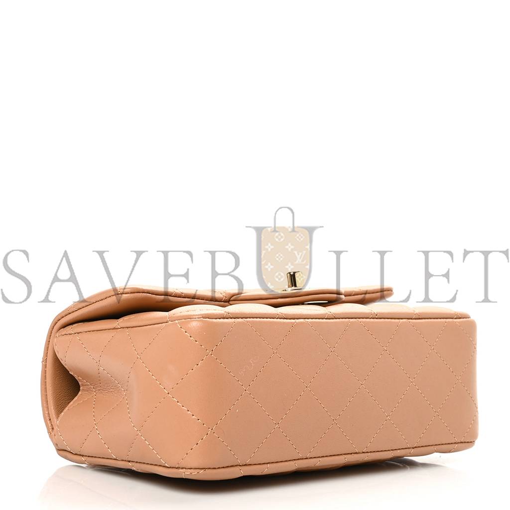 CHANEL LAMBSKIN QUILTED MINI TOP HANDLE RECTANGULAR FLAP BEIGE ROSE GOLD HARDWARE (19*13*6cm)