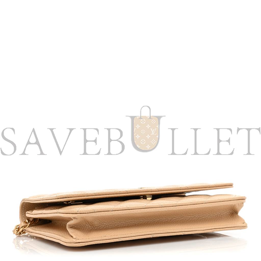 CHANEL CAVIAR QUILTED WALLET ON CHAIN WOC BEIGE ROSE GOLD HARDWARE (20*13*3cm)