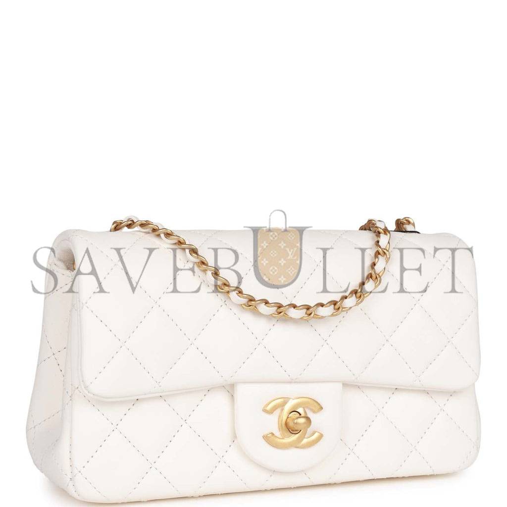 CHANEL PEARL CRUSH MINI RECTANGULAR FLAP BAG WHITE LAMBSKIN ANTIQUE GOLD HARDWARE (20*13*6cm)