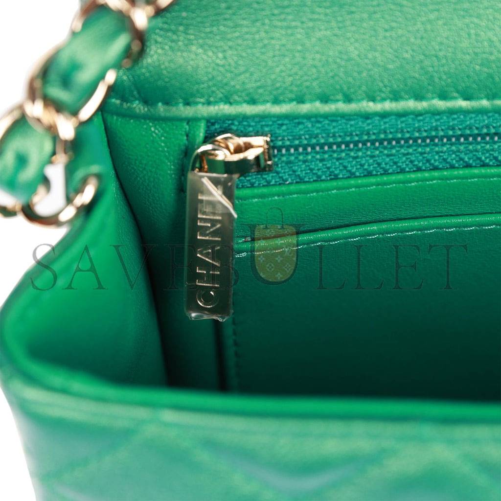 CHANEL MINI RECTANGULAR FLAP BAG GREEN IRIDESCENT QUILTED LAMBSKIN LIGHT GOLD HARDWARE (20*13*6cm)