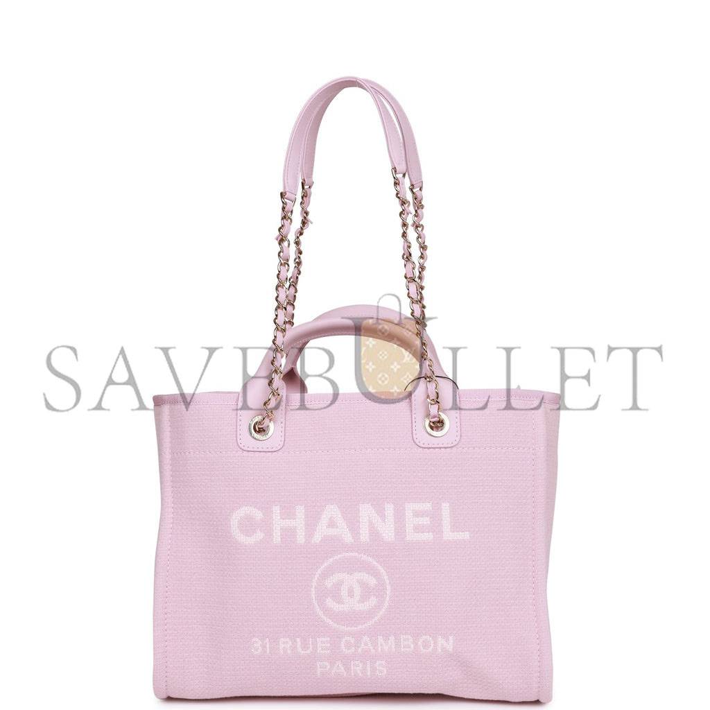 CHANEL SMALL DEAUVILLE SHOPPING BAG PINK BOUCLE LIGHT GOLD HARDWARE (34*27*15cm)