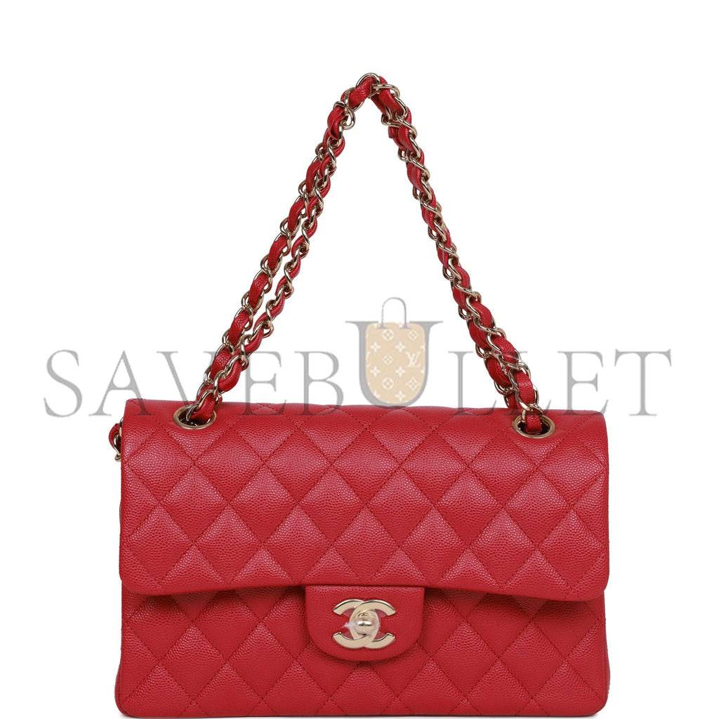 CHANEL SMALL CLASSIC DOUBLE FLAP DARK PINK CAVIAR LIGHT GOLD HARDWARE (23*13*6cm)