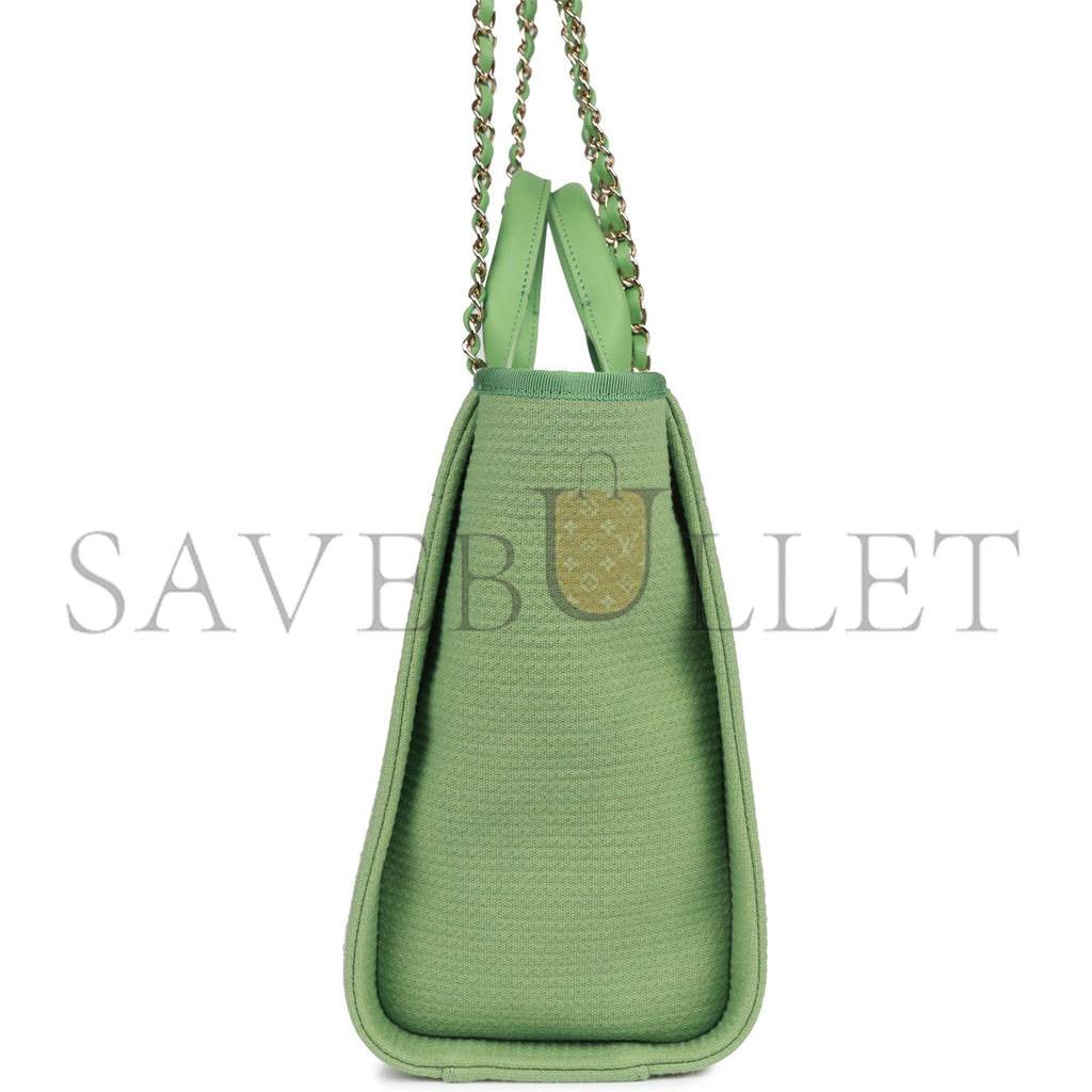 CHANEL SMALL DEAUVILLE SHOPPING BAG GREEN BOUCLE LIGHT GOLD HARDWARE (34*27*15cm)