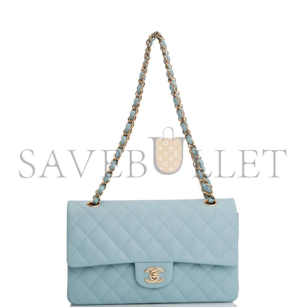 CHANEL MEDIUM CLASSIC DOUBLE FLAP BAG BLUE QUILTED CAVIAR LIGHT GOLD HARDWARE (25*15*7cm)