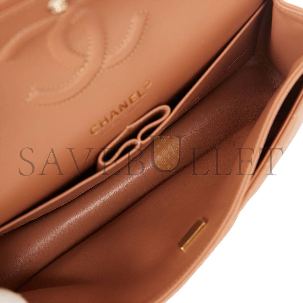 CHANEL MEDIUM CLASSIC DOUBLE FLAP BAG CARAMEL LAMBSKIN LIGHT GOLD HARDWARE (25*15*7cm)