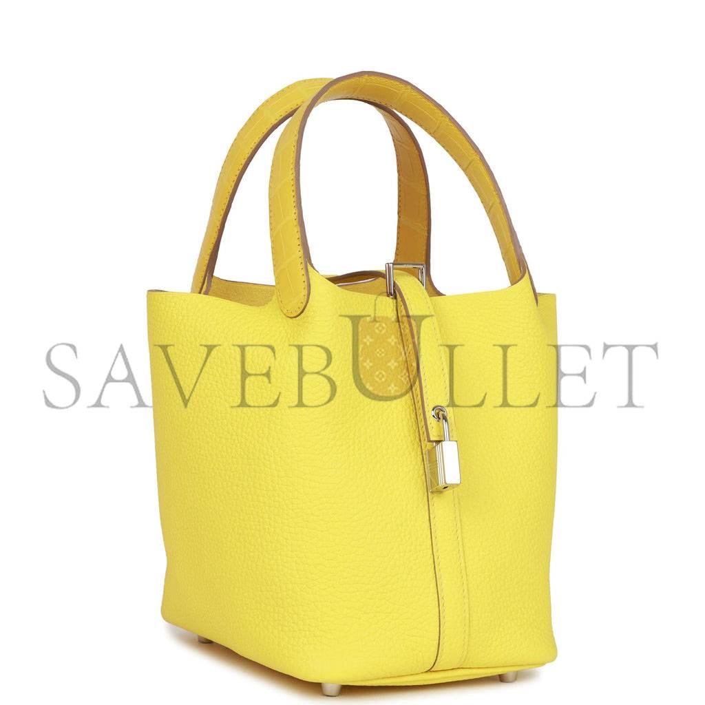 HERMES PICOTIN LOCK 18 MIMOSA MATTE ALLIGATOR AND LIME CLEMENCE TOUCH PALLADIUM HARDWARE(18*13*18cm)