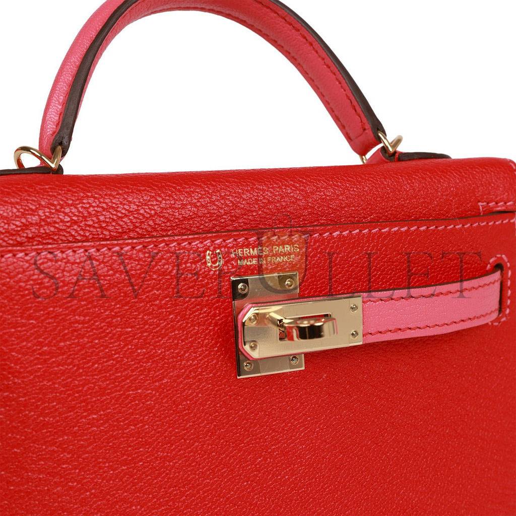 HERMES SPECIAL ORDER (HSS) KELLY MINI SELLIER 20 ROUGE DE COEUR AND ROSE LIPSTICK CHEVRE PERMABRASS HARDWARE (19*12*5.5cm)