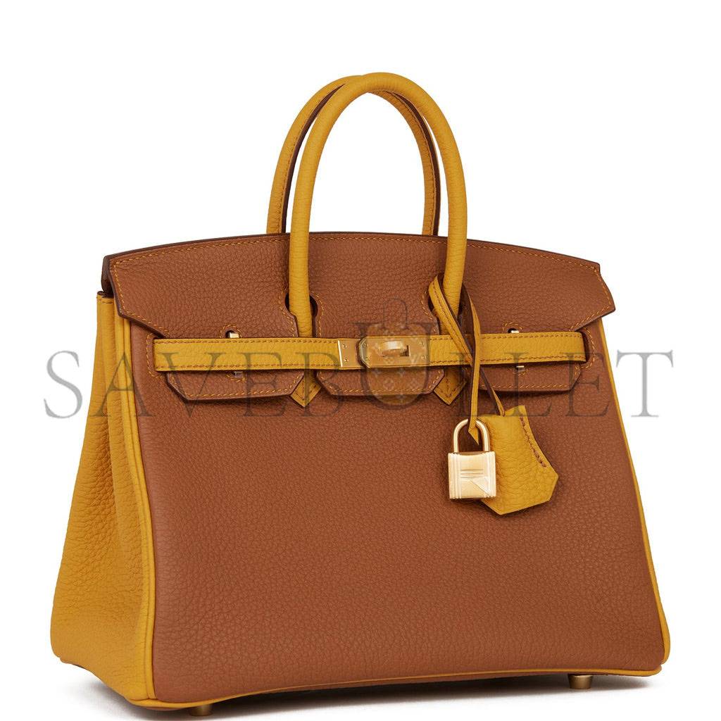 HERMES SPECIAL ORDER (HSS) BIRKIN 25 GOLD AND JAUNE AMBRE TOGO BRUSHED GOLD HARDWARE  HANDMADE(25cm)