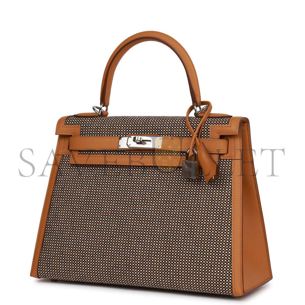 HERMES QUADRILLE KELLY SELLIER 28 SESAME TOILE AND SWIFT PALLADIUM HARDWARE (28*21*12cm)