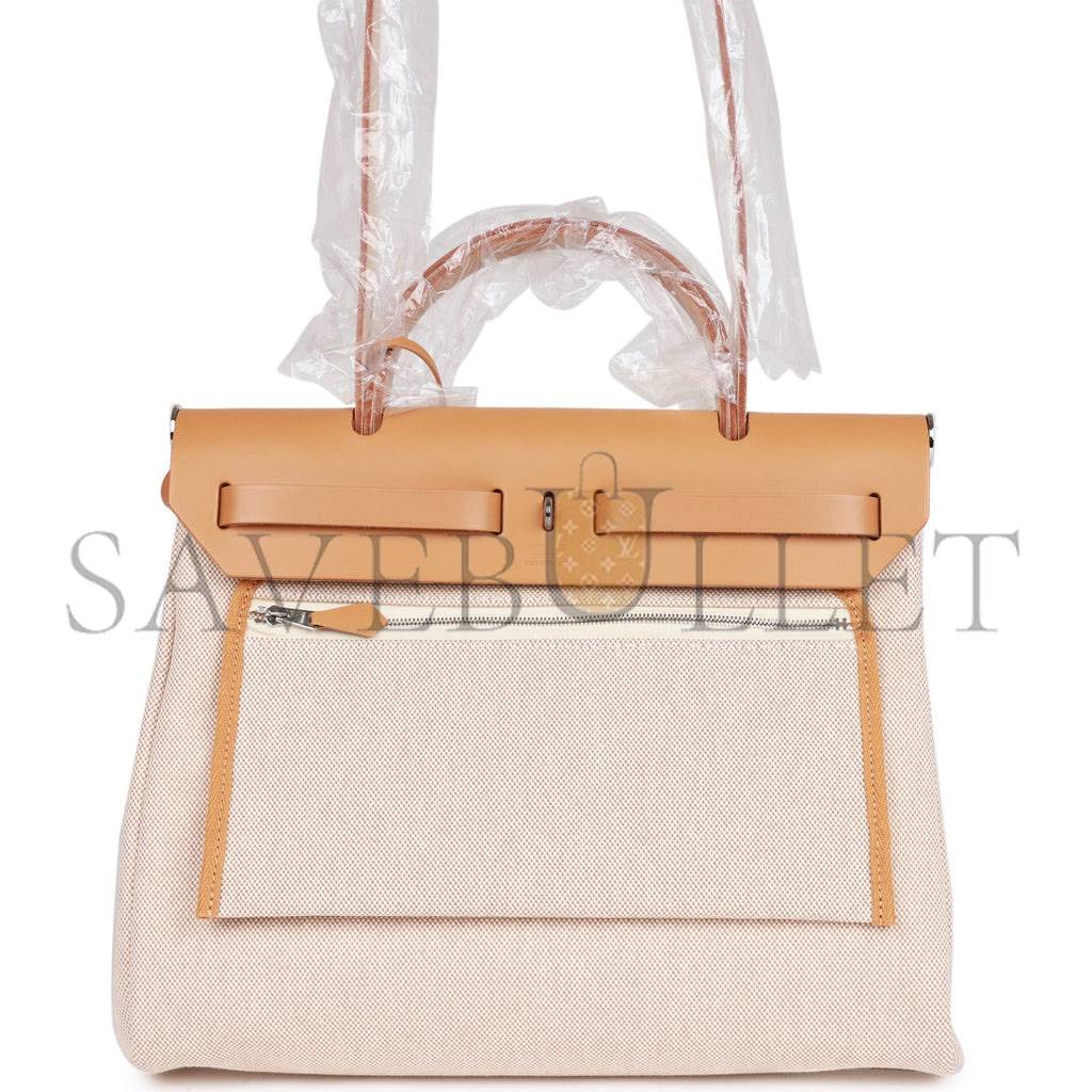 HERMES HERBAG ZIP PM 31 BRIDES DE GALA TOILE H BERLINE NATURAL SABLE PALLADIUM HARDWARE(30*27*11cm) 