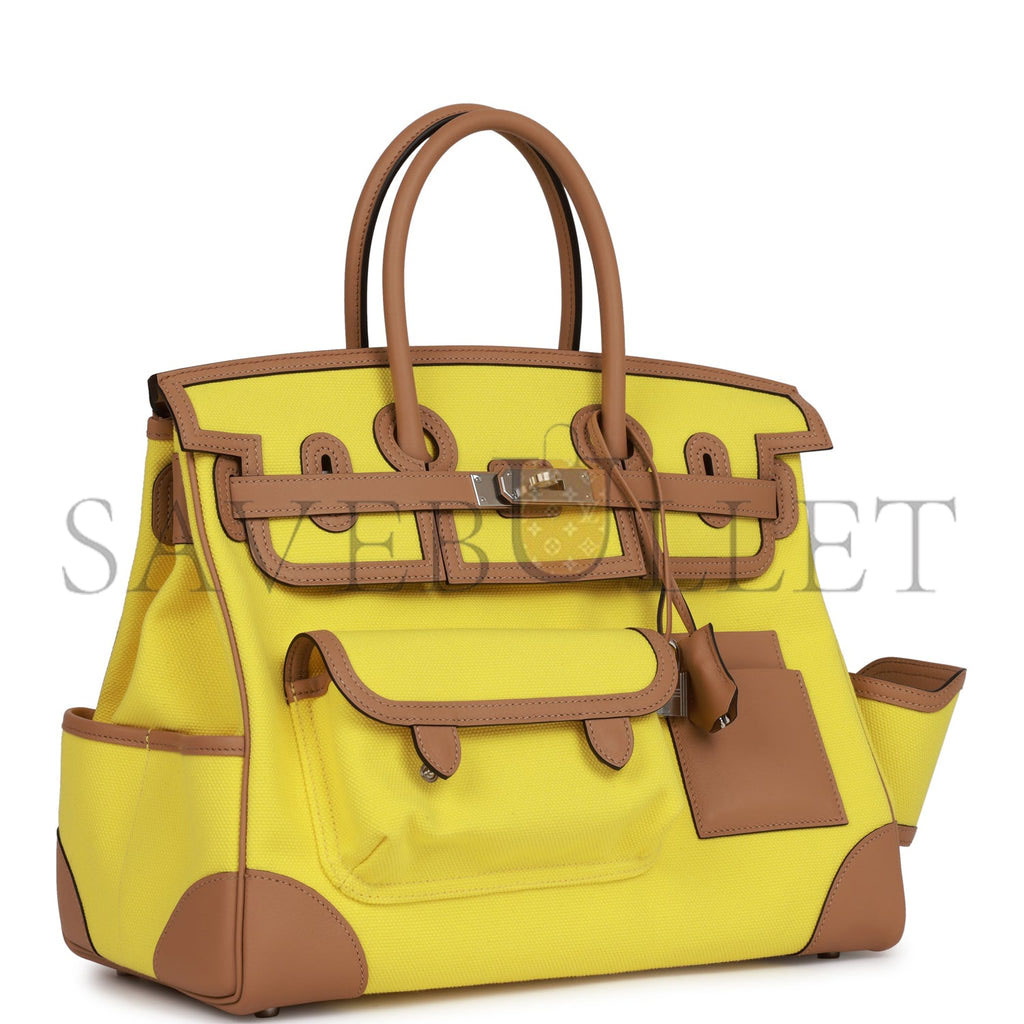 HERMES BIRKIN CARGO 35 JAUNE CITRON TOILE AND CHAI SWIFT PALLADIUM HARDWARE 39728751083614 (35*28*18cm)