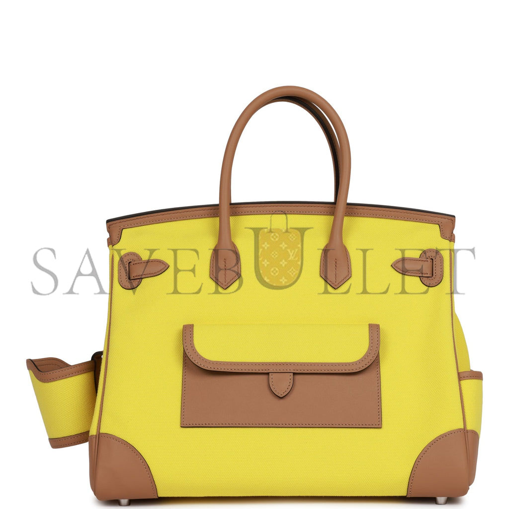 HERMES BIRKIN CARGO 35 JAUNE CITRON TOILE AND CHAI SWIFT PALLADIUM HARDWARE 39728751083614 (35*28*18cm)