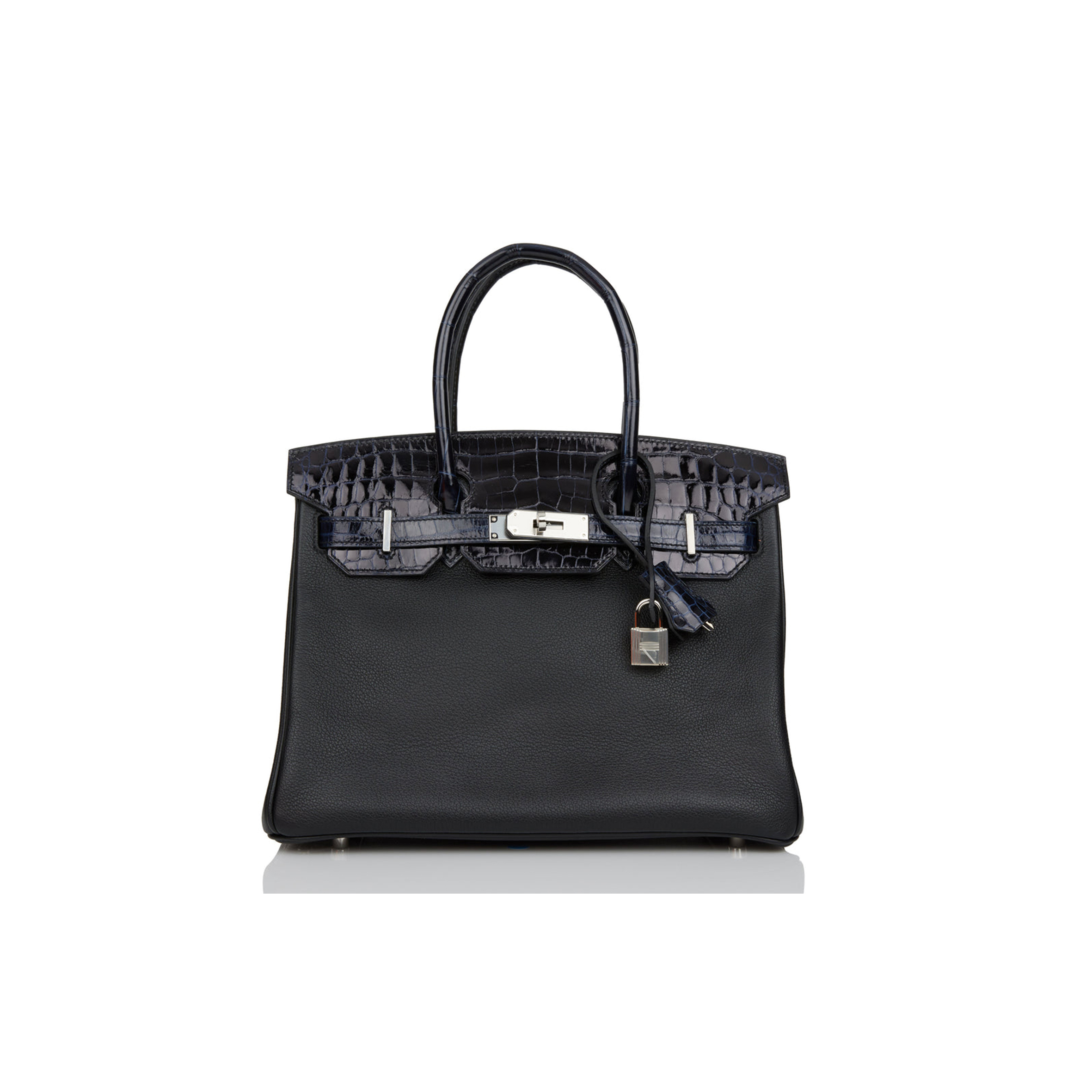 HERMES BIRKIN 25 BLEU MARINE SHINY NILOTICUS CROCODILE PATTERN AND BLACK NOVILLO TOUCH PALLADIUM HARDWARE (25cm)