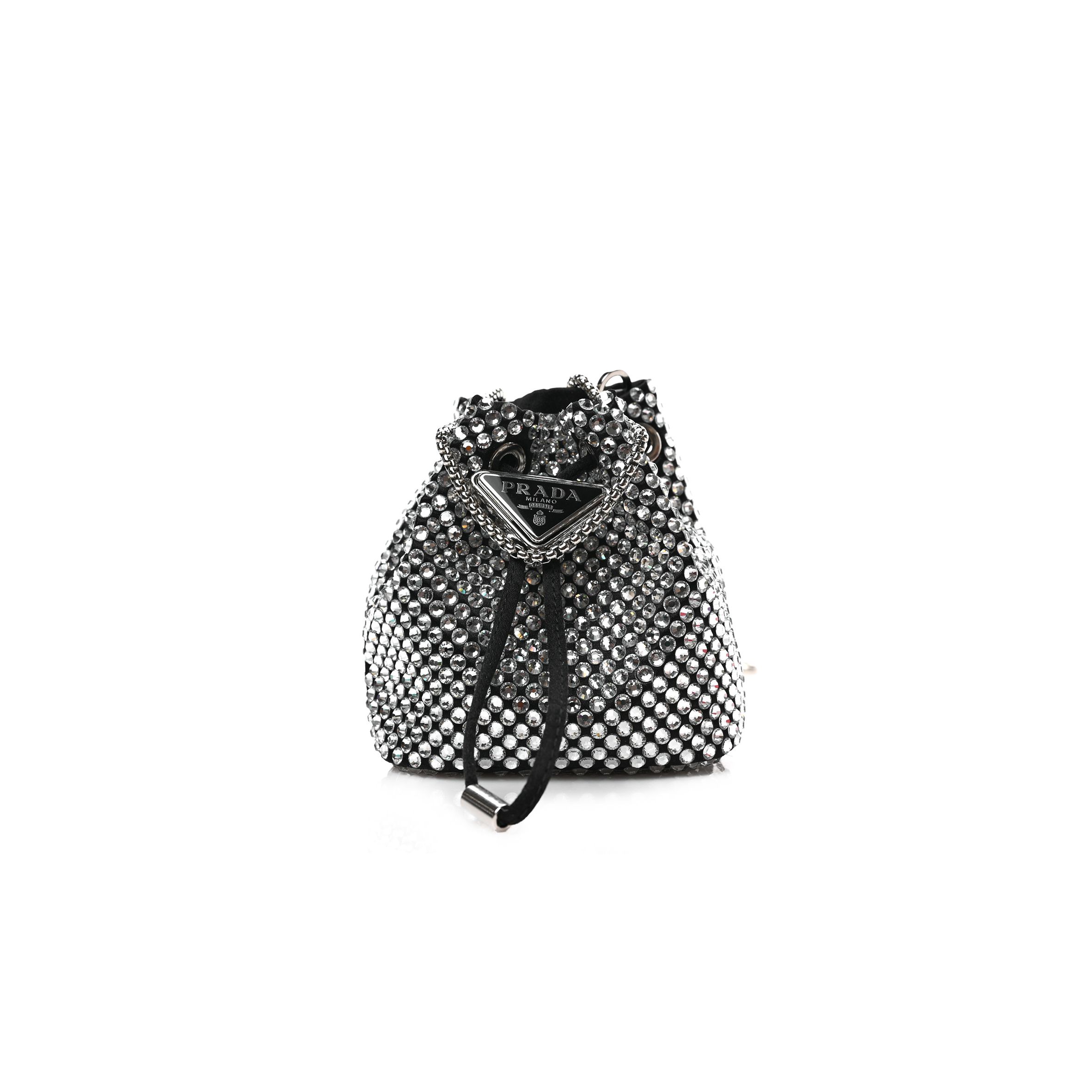 PRADA SATIN CRYSTAL DRAWSTRING MINI POUCH BLACK (9*9*6cm)