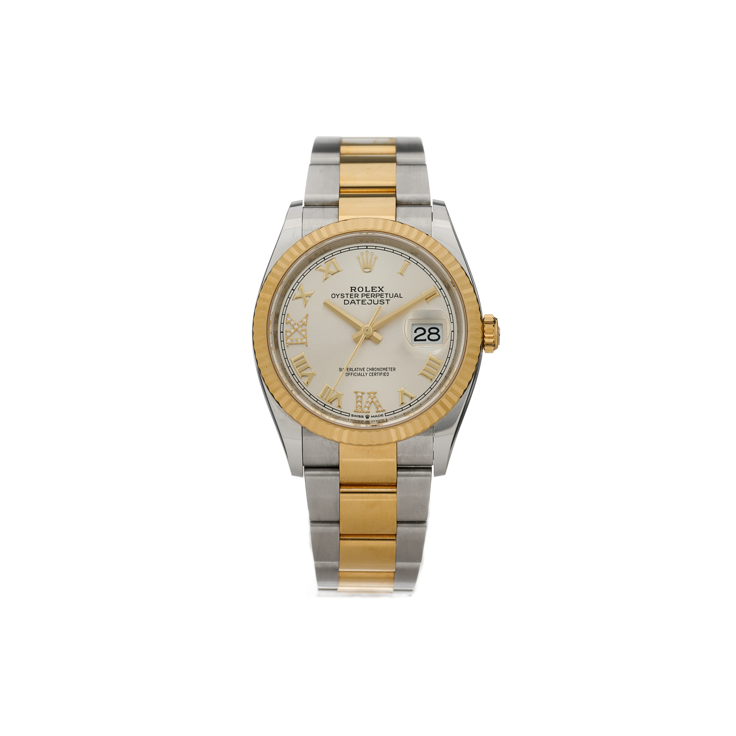 ROLEX STAINLESS STEEL 18K YELLOW GOLD DIAMOND 36MM OYSTER PERPETUAL DATEJUST WATCH SILVER ROMAN 126233