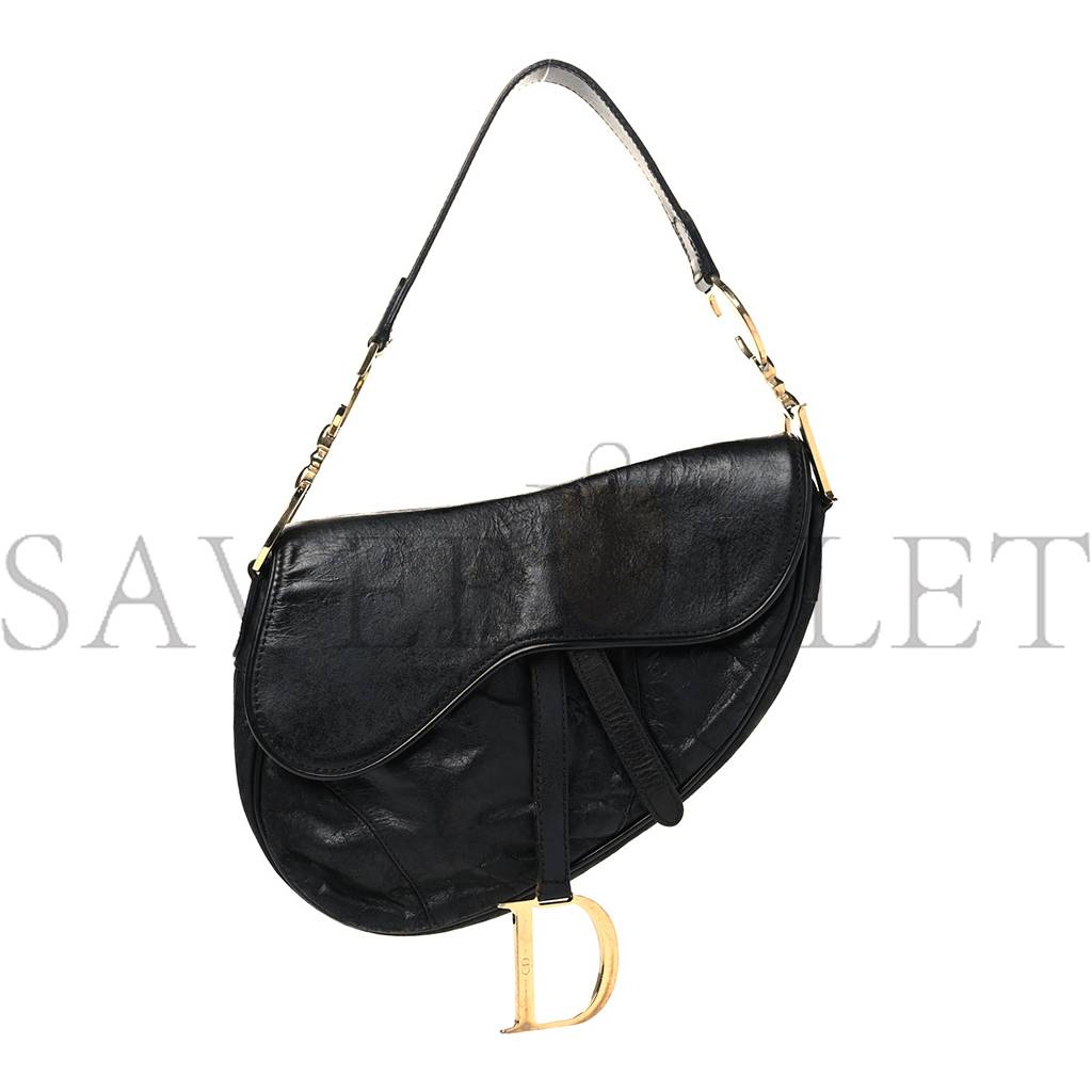 DIOR SHINY GOATSKIN SADDLE BAG BLACK (25*19*3.8cm)